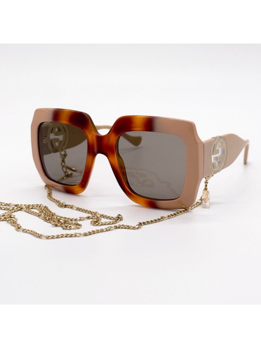NEW GUCCI SUNGLASSES GG1022S 003 HAVANA WOMEN GUCCI OVERSIZED EYEWEAR WITH CHAIN - Picture 3 of 13